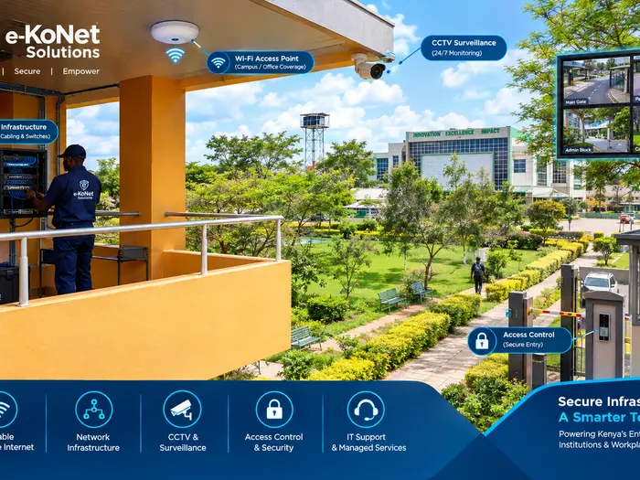 Students on laptops at a campus connected by EkoNet network infrastructure