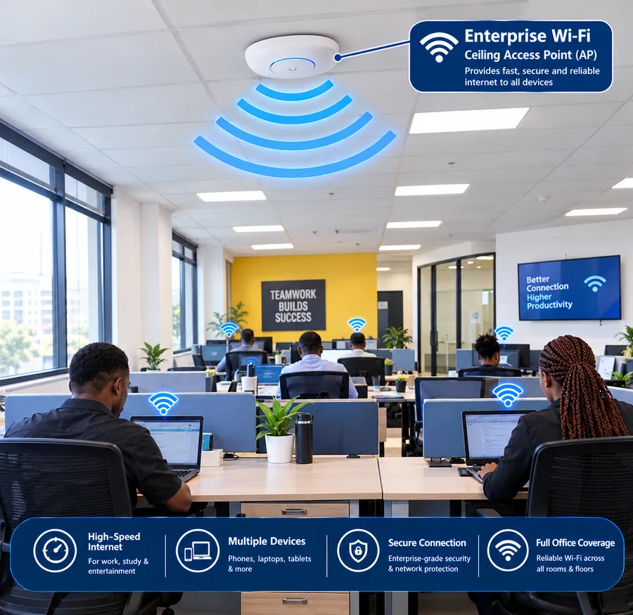 Enterprise Wi-Fi ceiling access point covering an open-plan office, with device and network highlights