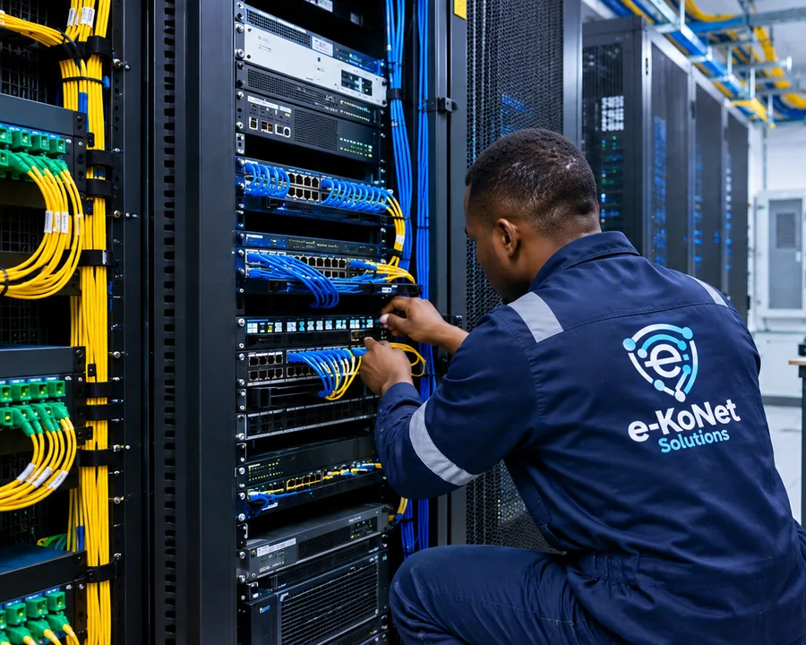 EkoNet Solutions engineer terminating fibre and configuring network switches in a server rack