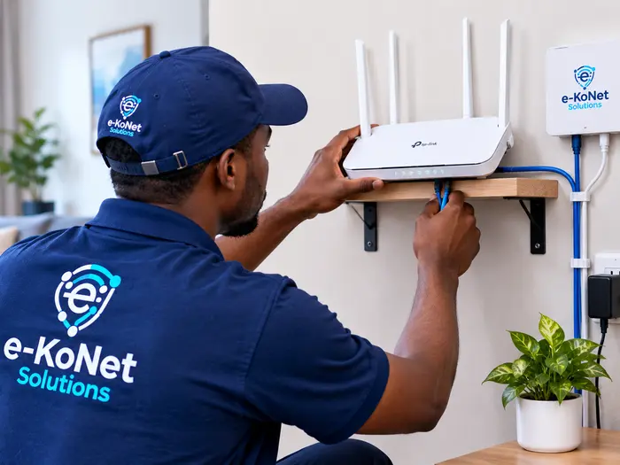 EkoNet technician installing a Wi-Fi router at a customer's home
