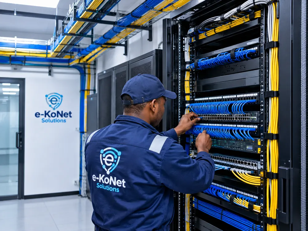 EkoNet engineer configuring network switches and fibre termination in a server rack, with CCTV monitoring visible in the background
