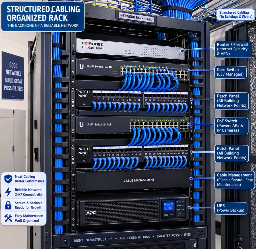 Organised 42U network rack showing router/firewall, core switch, patch panels, PoE switch, cable management and UPS