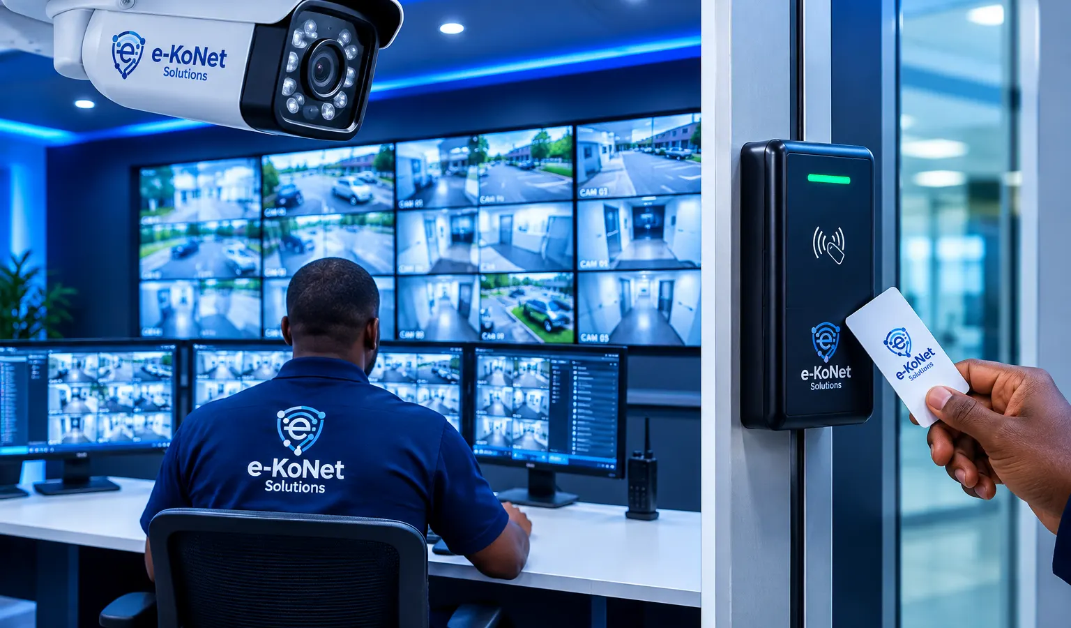 CCTV monitoring wall and access control card reader installed by EkoNet