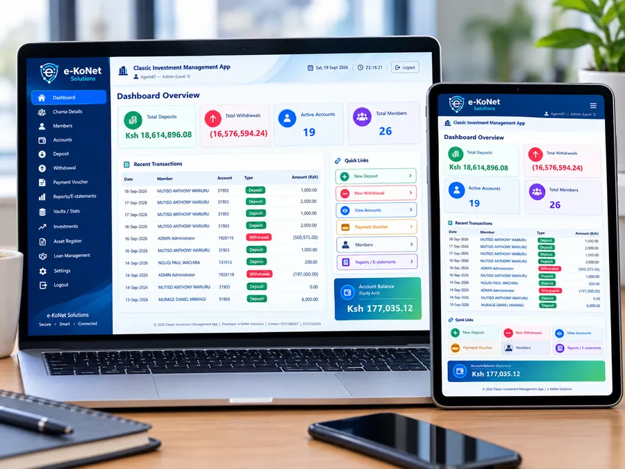 Custom business management dashboard built by EkoNet, shown on a laptop and tablet