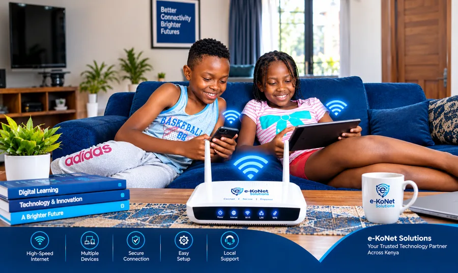 Children using devices at home over EkoNet's Wi-Fi router, with a 'Better Connectivity, Brighter Futures' banner